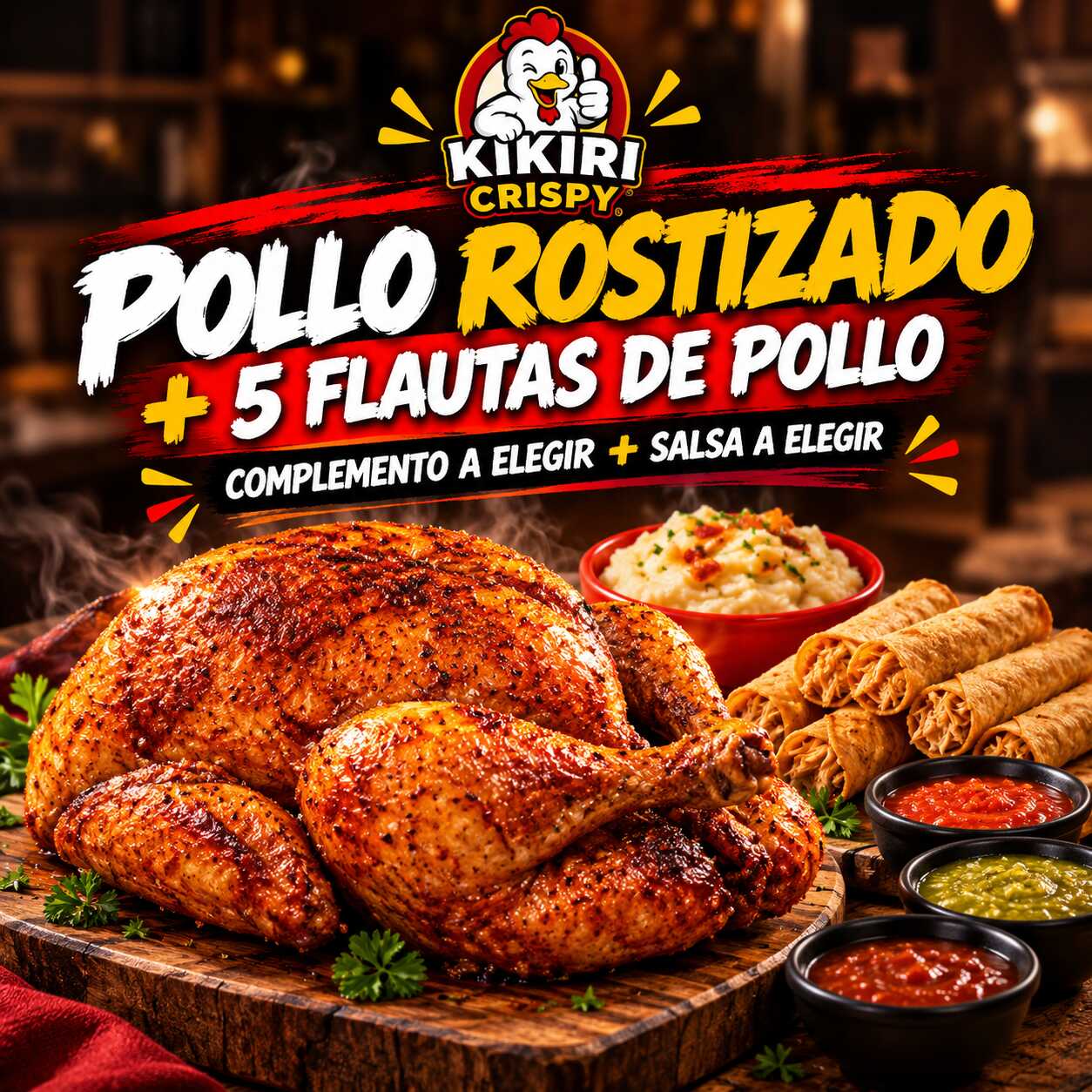 POLLO ROSTIZADO + 5 FLAUTAS DE PAPA