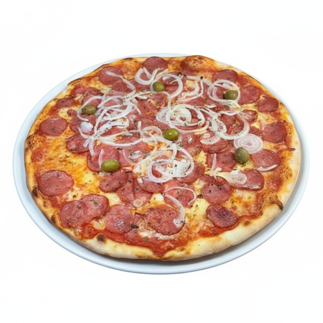Molho de tomate, mussarela, calabresa, cebola, orégano
