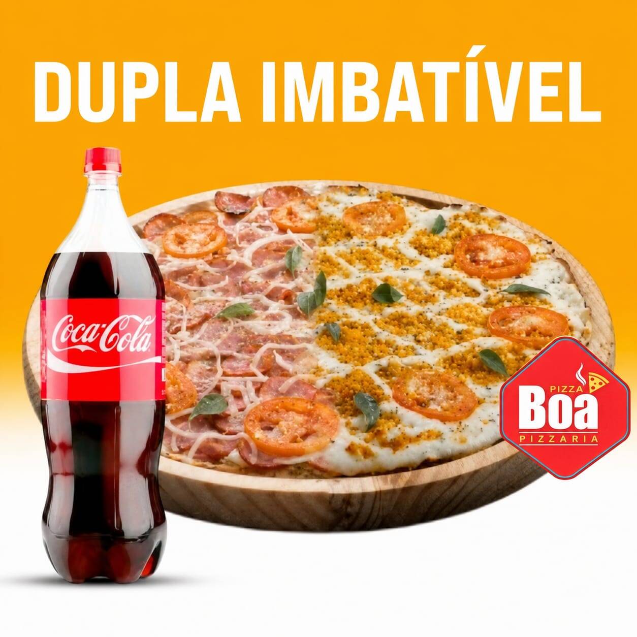 Massa, molho, muçarela, calabresa, cebola, tomate, orégano e manjericão.