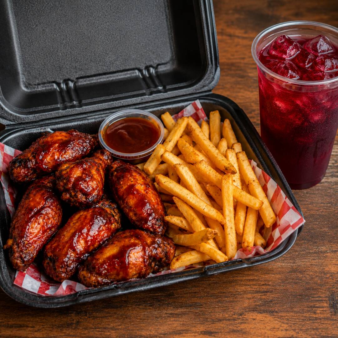 Combo de 6 Alitas BBQ con Papas + Agua de Jamaica