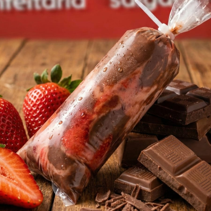 A dupla perfeita. Base cremosa de morango com pedaços de chocolate nobre. Doce na medida certa.