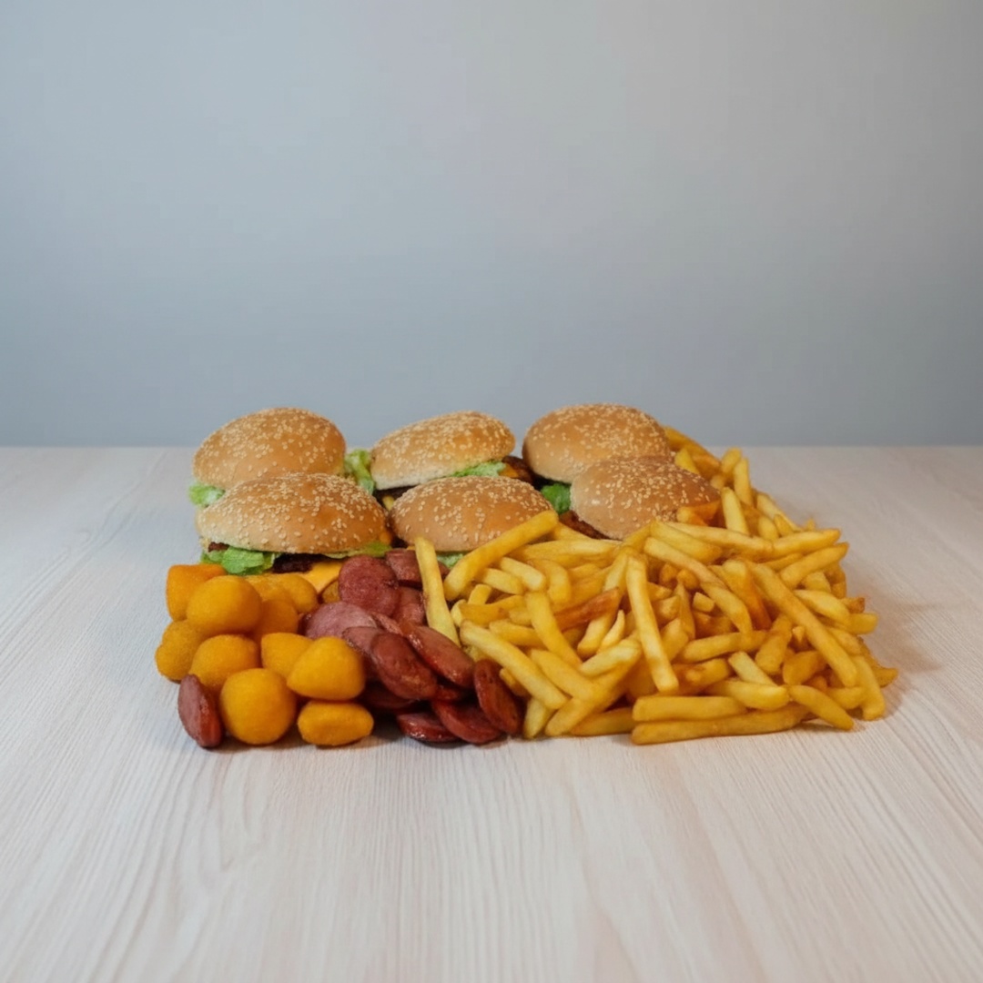 06 X-BURGER + 600 GR BATATA + CALABRESA + 04 SALGADOS E 04 NUGGETS