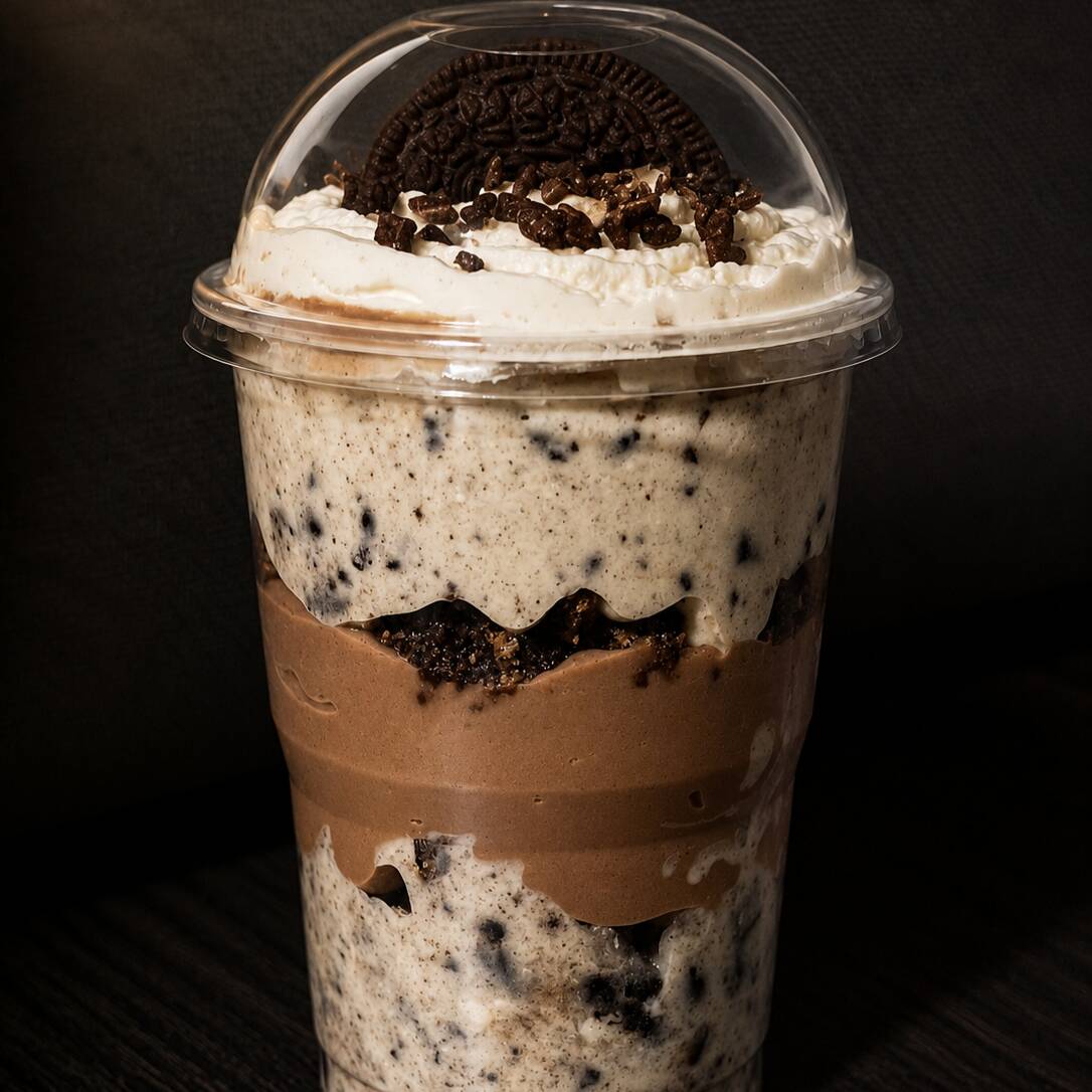 Pedacinhos de brownie, creme de ninho com oreo, creme de chocolate e finalizado com chantilly. 😍✨