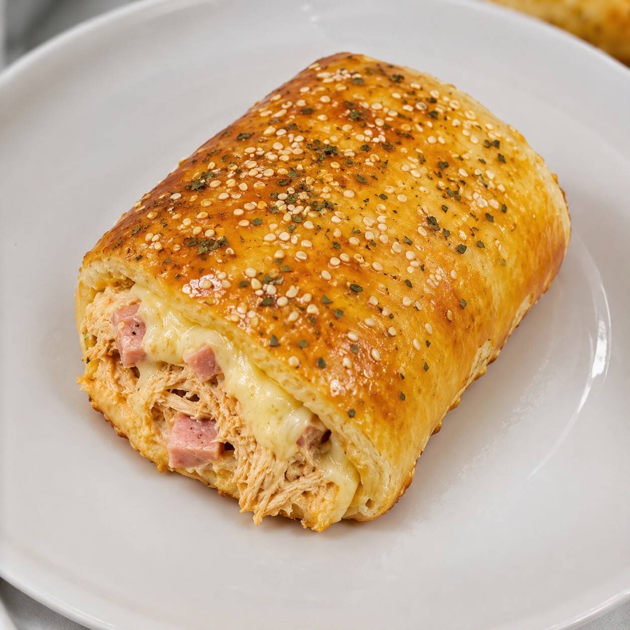 Feito com uma massa mega fofinha, muito queijo e presunto e para finalizar frango e requeijão