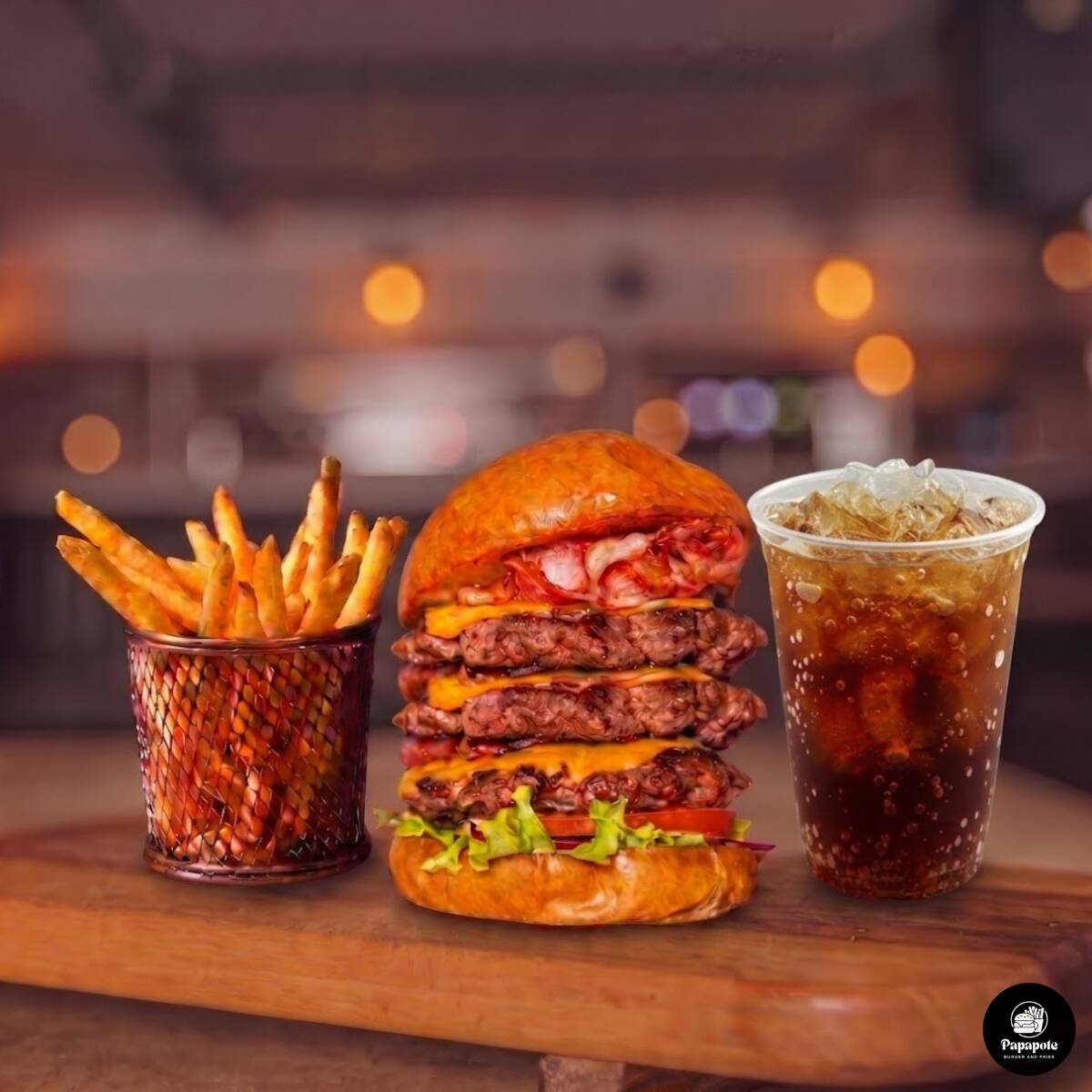 Hamburguesa Triple + Papas + Mr tea