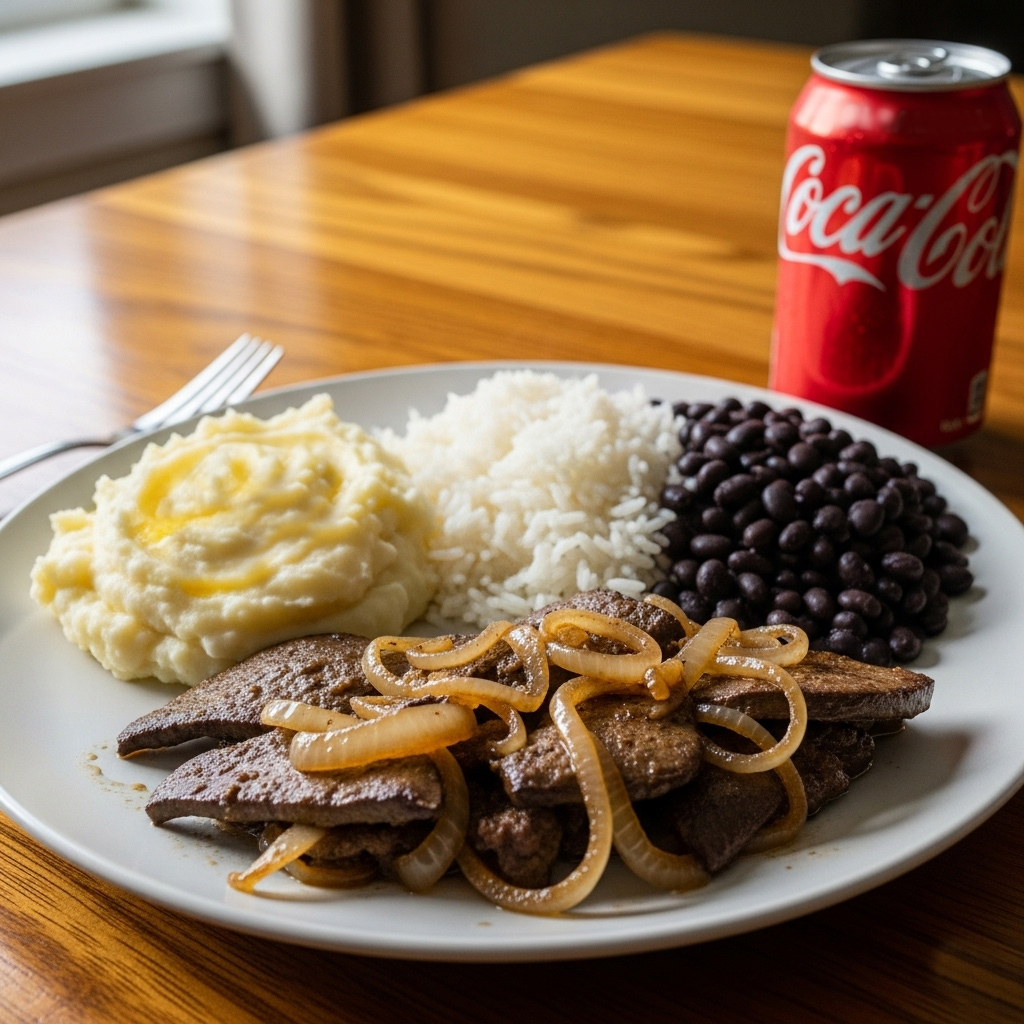 Iscas de fígado aceboladas com um delicioso purê de batata, acompanhadas de arroz soltinho e feijão fresquinho. Escolha uma bebida de sua preferência.
