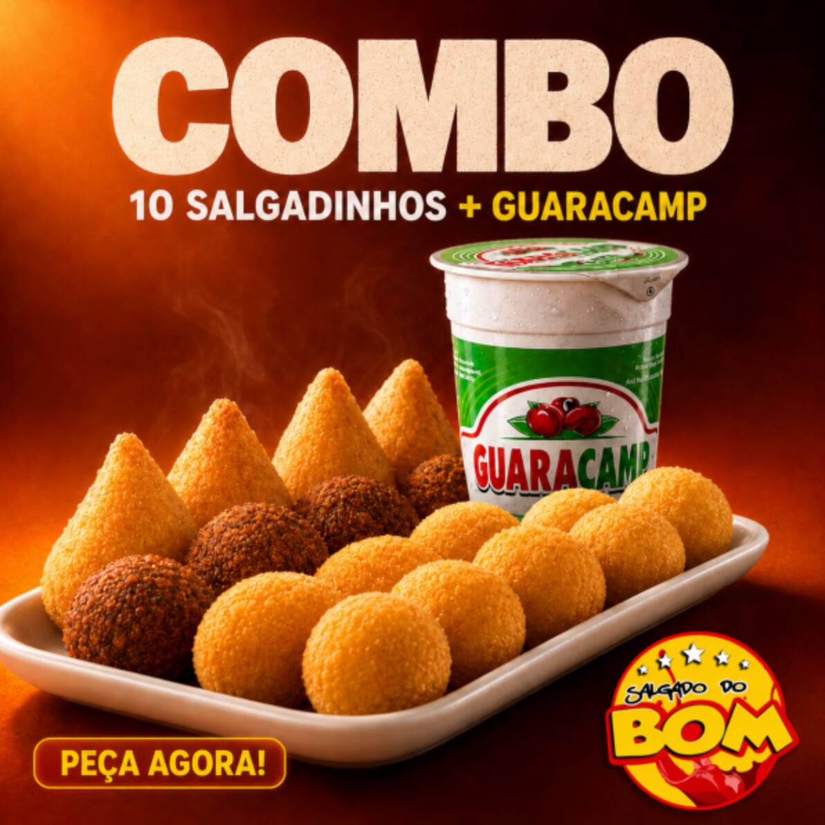 10 Salgadinhos + 1 Guaracamp Damos o direito a você nosso cliente e amigo de escolher até 5 sabores. Sabores: - Coxinha; - Bolinha de queijo; - Calabresa; - Kibe; - Queijo c/ alho; - Queijo c/ presunto; - Salsicha; - Risole de Camarão. Obs: Especificar os sabores no pedido, caso não informado, será preparado misto.
