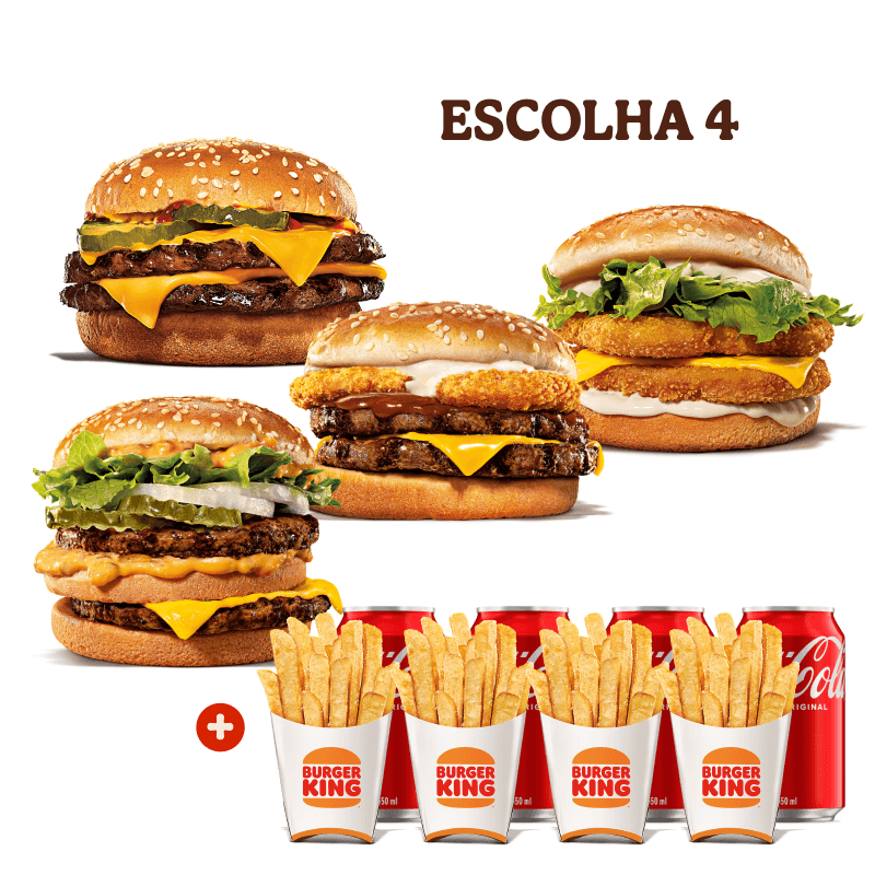 Escolha 4 sanduiches favoritos para formar o seu combo: Chicken Duplo, Cheeseburger Duplo, Rodeio Duplo, Big King ou Whopper Duplo Jr.
Acompanham 4 batatas fritas e 4 bebidas.