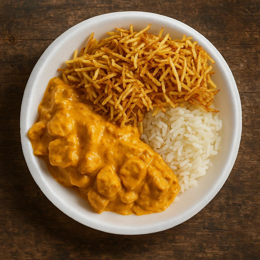 Estrogonofe de Frango, arroz branco, pure de batata cremoso. ACOMPANHA MIX DE SALADA Obs. : Na falta de um dos acompanhamentos será substituído por algum item do cardápio do dia. Delicioso estrogonofe de frango com molho cremoso à base de creme de leite, mostarda e ketchup, servido com arroz branco soltinho e batata palha crocante. Uma combinação clássica e irresistível!