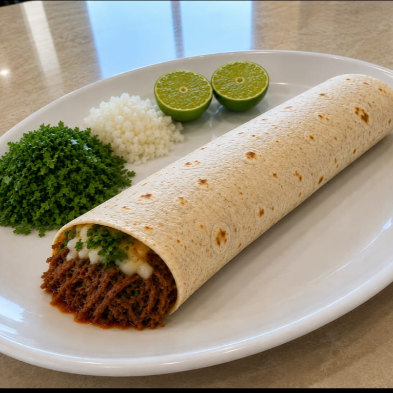 Quesiburrito de Birria de Borrego + Consome