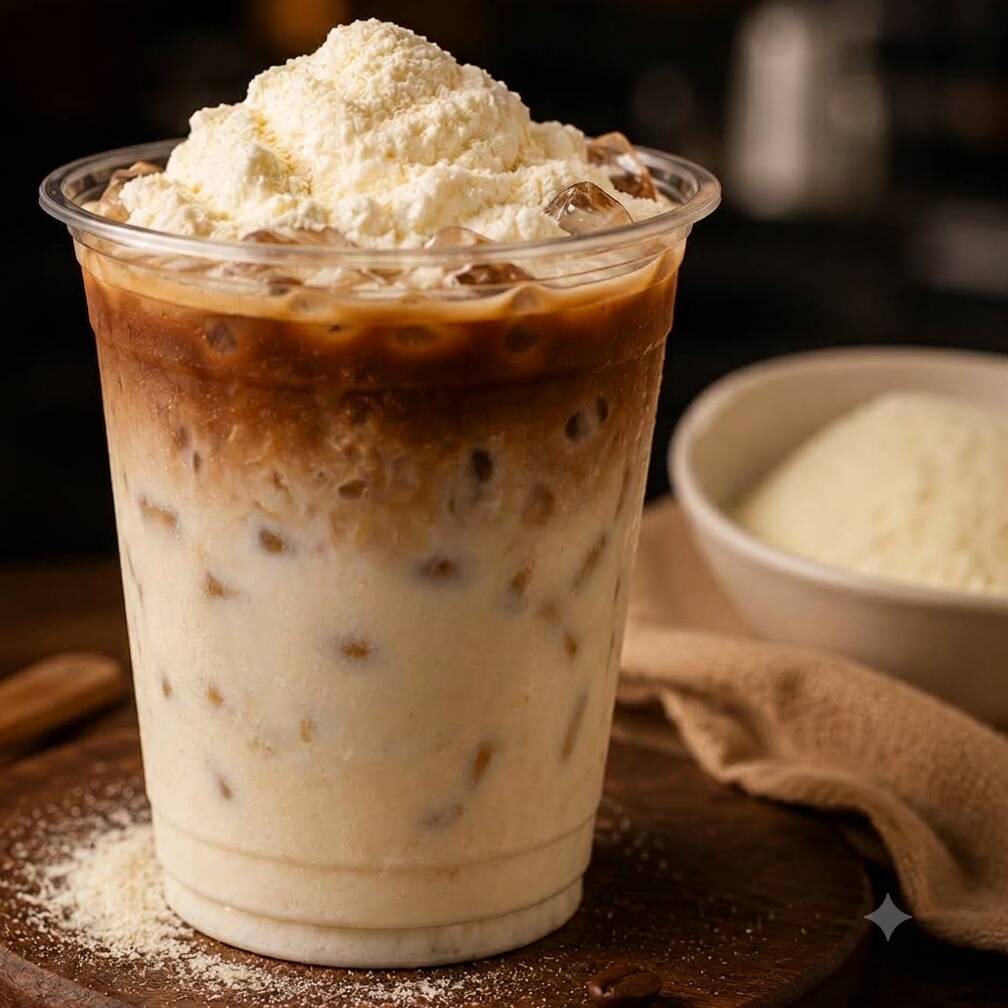 Café espresso, leite cremoso e sabor de leite em pó, perfeito para quem ama bebidas doces e cremosas.