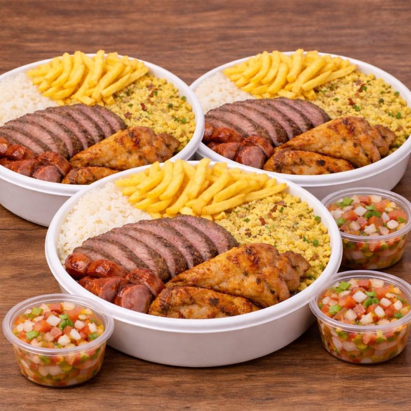 3 marmitex churrasco premium completo, arroz soltinho, alcatra fatiada, linguiça suína fatiada, 1 coxinha da asa, farofa, batata frita e vinagrete.