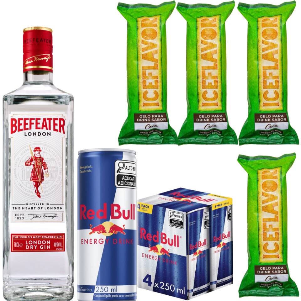 Combo Gin Beefeater com 4 Red Bull e 4 Gelo de Coco