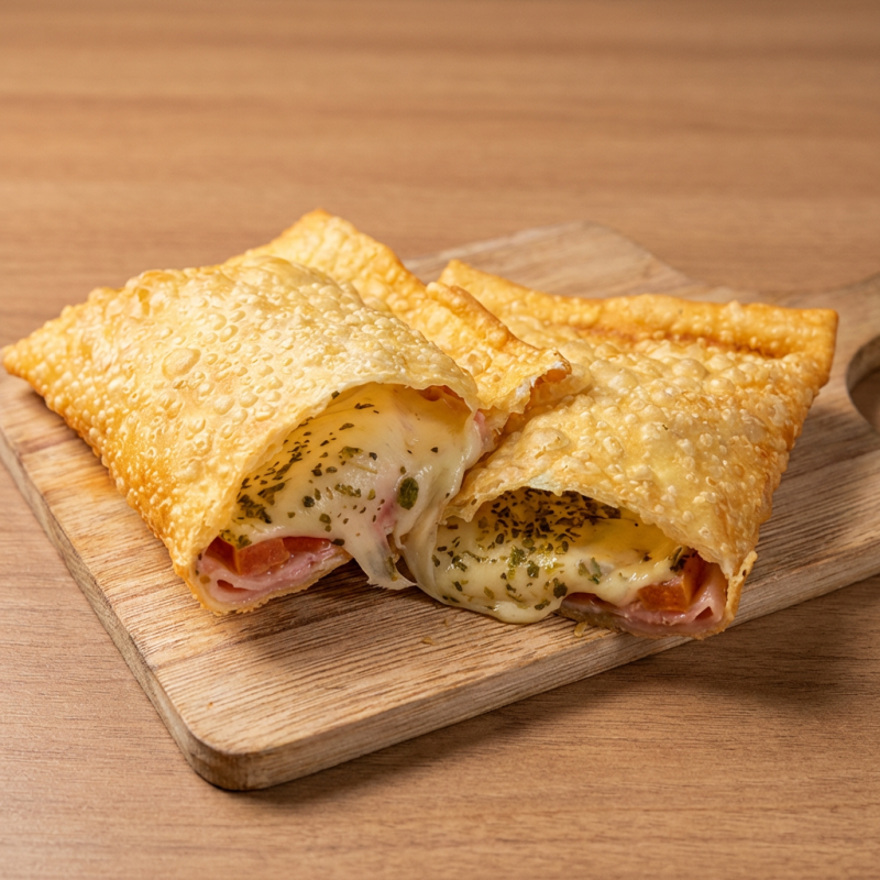 Delicioso Pastel recheado com Presunto, queijo mussarela, tomate e orégano.