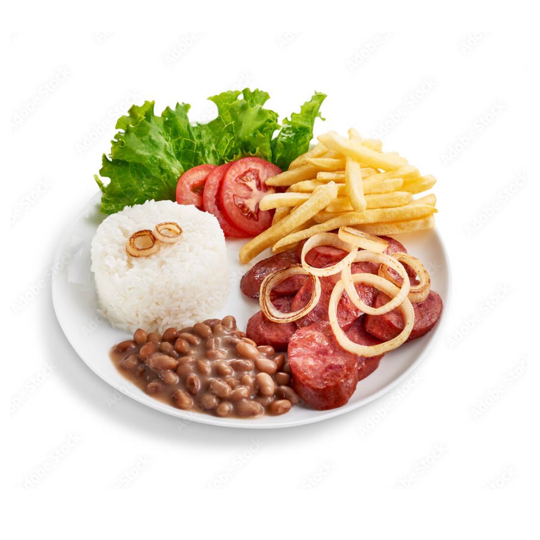 calabresa, fritas, arroz, feijão e salada