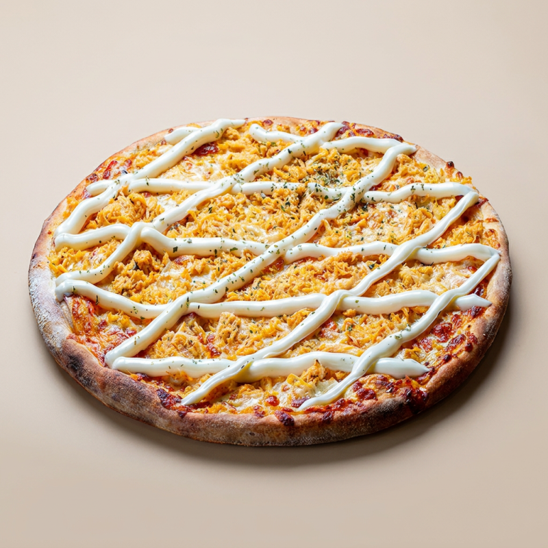 Pizza preparada com massa artesanal, molho de tomate especial e muita mussarela, finalizada com orégano. Cobertura: frango desfiado bem temperado + catupiry cremoso, com bastante mussarela e orégano. Uma pizza super cremosa, bem recheada e perfeita pra quem ama frango com catupiry de verdade!