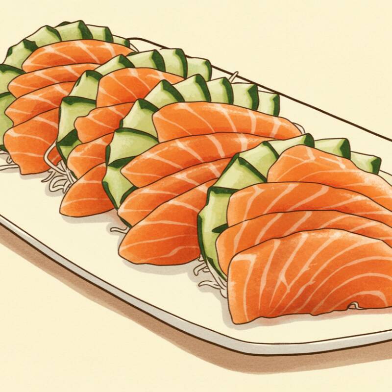 16 Fatias frescas de salmão cru, cortadas no estilo tradicional japonês.