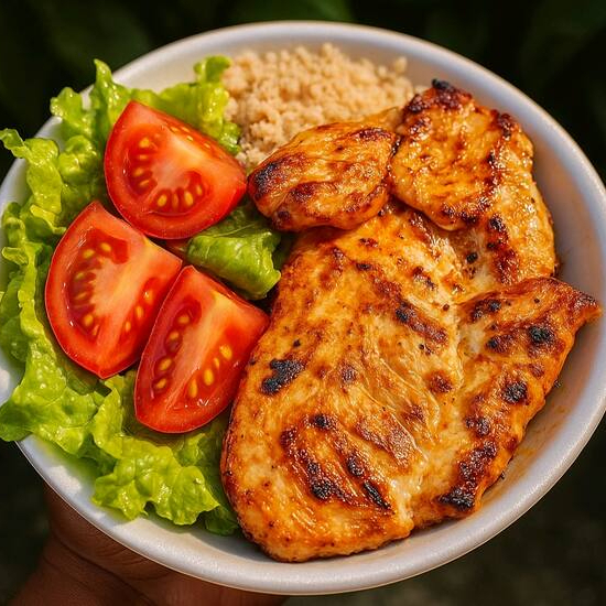 Filé de frango grelhado suculento, acompanhado de arroz, feijão, Salada de tomate com alface e nossa famosa farofa. Vai servir você e deixar aquele gostinho de quero mais! Aproximadamente 350gr