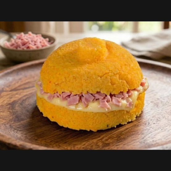 Massa de cuscuz molhadinha e fofinha recheada com presunto e queijo mussarela