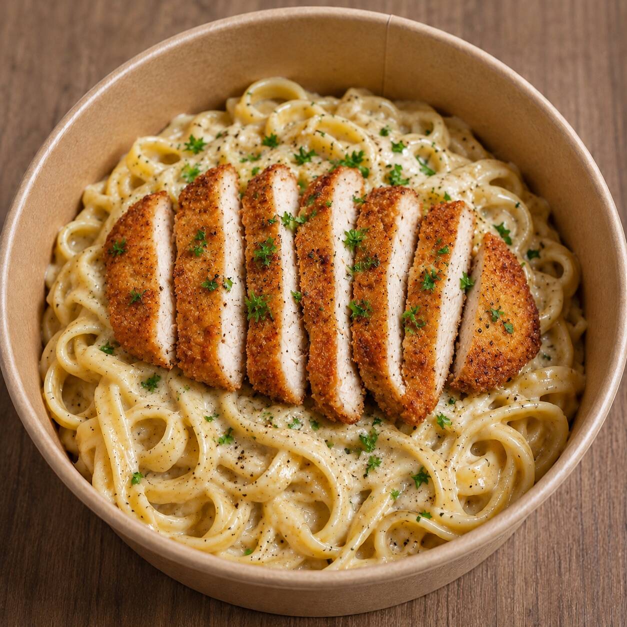 Pasta Alfredo con Pollo Empanizado