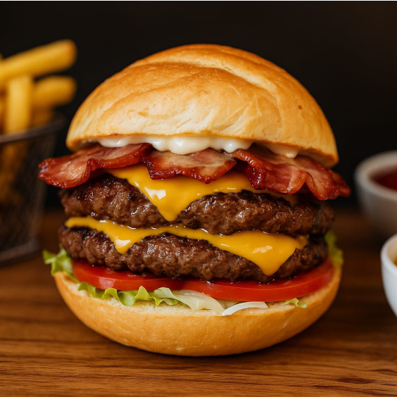 Pão da casa crocante, 2 hamburgueres artesanal 110gr cada, maionese de casa com cebola, alface americana, tomate fresco, bacon e duas fatias de cheddar