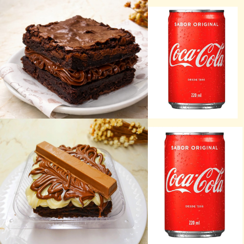 Brownie macio coberto com brigadeiro cremoso de Leite Ninho finalizado com fios de Nutella e KitKat, mais brownie premium recheado com brigadeiro 50%, acompanhados de duas Coca-Cola. Pura cremosidade e refrescância! Serve até 2 pessoas.