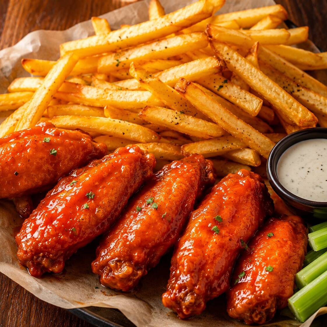 Paquete de 7 Alitas más Papas a la francesa búfalo