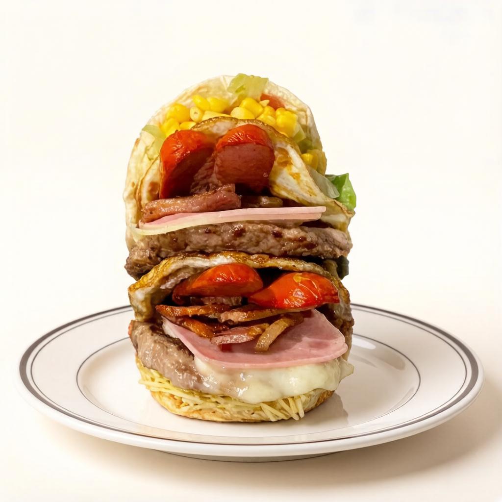 Pão, 2 carnes, 2 bacon, 2 ovo, 2 salsicha, 2 mussarela, 2 presunto, alface, tomate, milho e batata palha