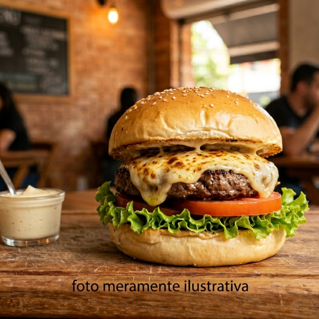 Xsalada: pão de leite selado na maionese artesanal, Hambúrguer artesanal, mussarela gratinada, alface e tomate.