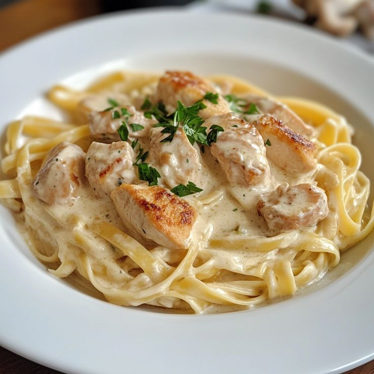 Linguine al dente com nolho branco, e tiras de frango grelhado finalizado com salsa.