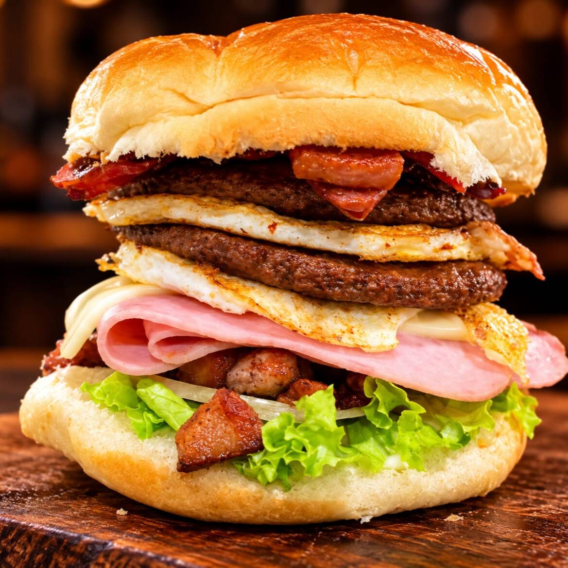 Para quem está com fome de verdade! São 2 hambúrgueres suculentos, 2 ovos fritos na hora, salsicha e frango, com sua escolha entre Catupiry Original ou cheddar cremoso. Completo com presunto, queijo derretido, batata palha crocante, milho, alface, tomate, ketchup e maionese. Um gigante de verdade, recheado do começo ao fim!
Imagem ilustrativa