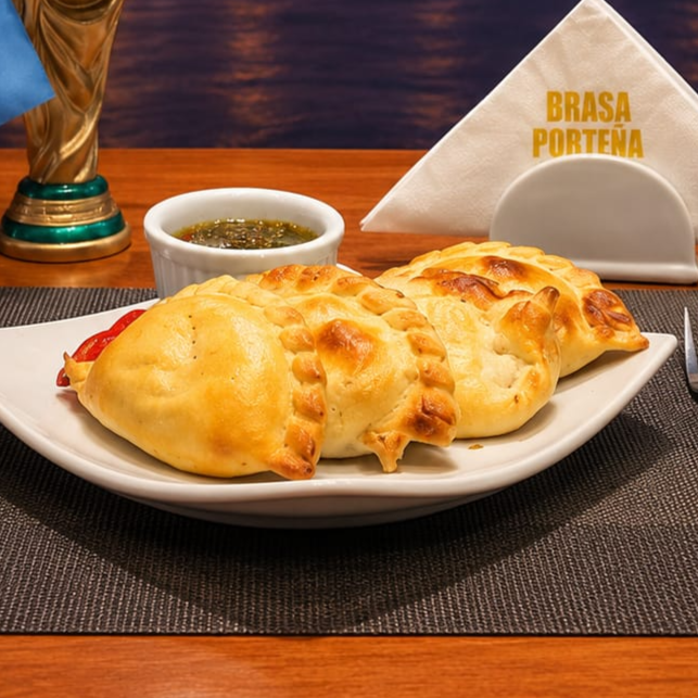 Quatro empanadas argentinas assadas no forno, recheadas na hora — monte o combo do seu jeito. Escolha entre Carne (moída temperada e suculenta), Frango (cremoso e bem temperado) e Humita (recheio cremoso de milho verde, levemente adocicado — o clássico argentino que todo mundo devia provar). A entrada portenha por excelência.