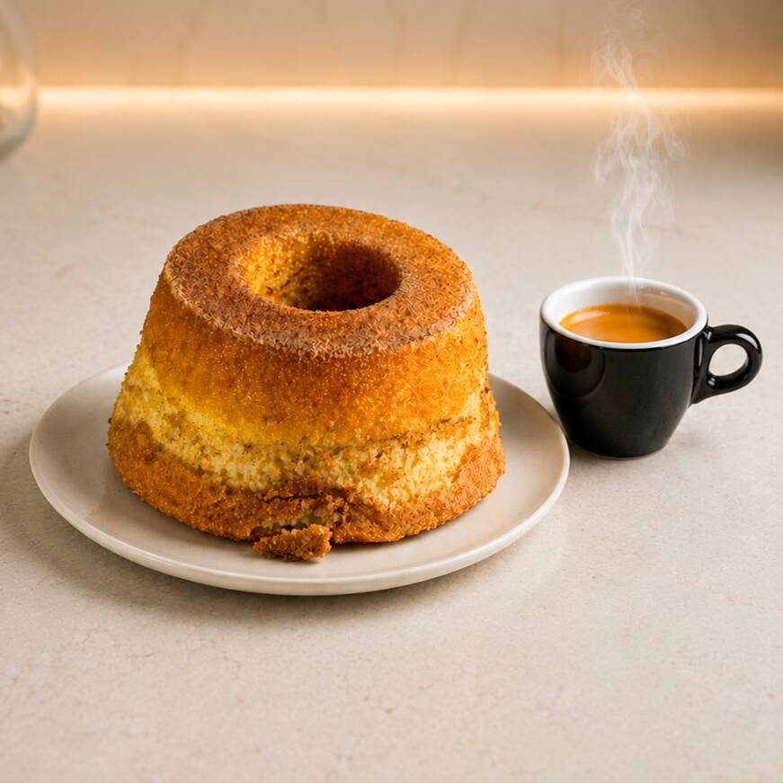 Bolo de iogurte natural, com uma casquinha crocante com canela em volta do bolo. Tamanho médio, aprox 500gr. Serve em média 8 fatias.
