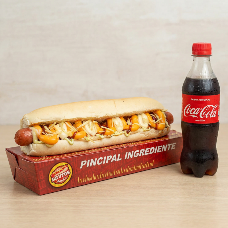 Combo com Dogão Brutos (Pão 30cm, duas salsichas, ketchup, mostarda, maionese temperada, barbecue, queijo ralado, batata palha, cheddar, Catupiry, molho brutos) e uma Refrigerante 200ml.