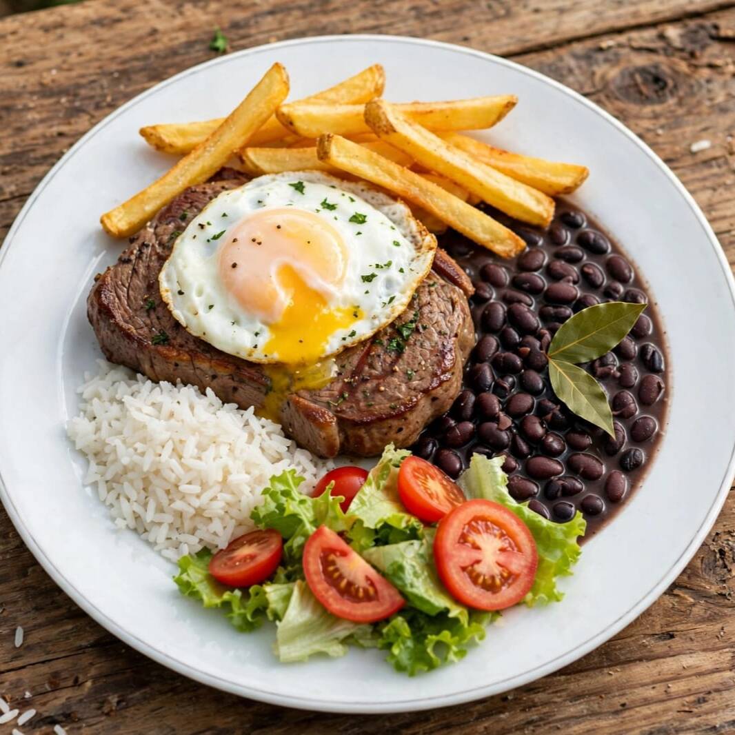 BIFE BOVINO COBERTO COM OVO FRITO COM ARROZ, FEIJÃO, MACARRÃO, FAROFA, LEGUMES, BATATA FRITA
VAI RESISTI??