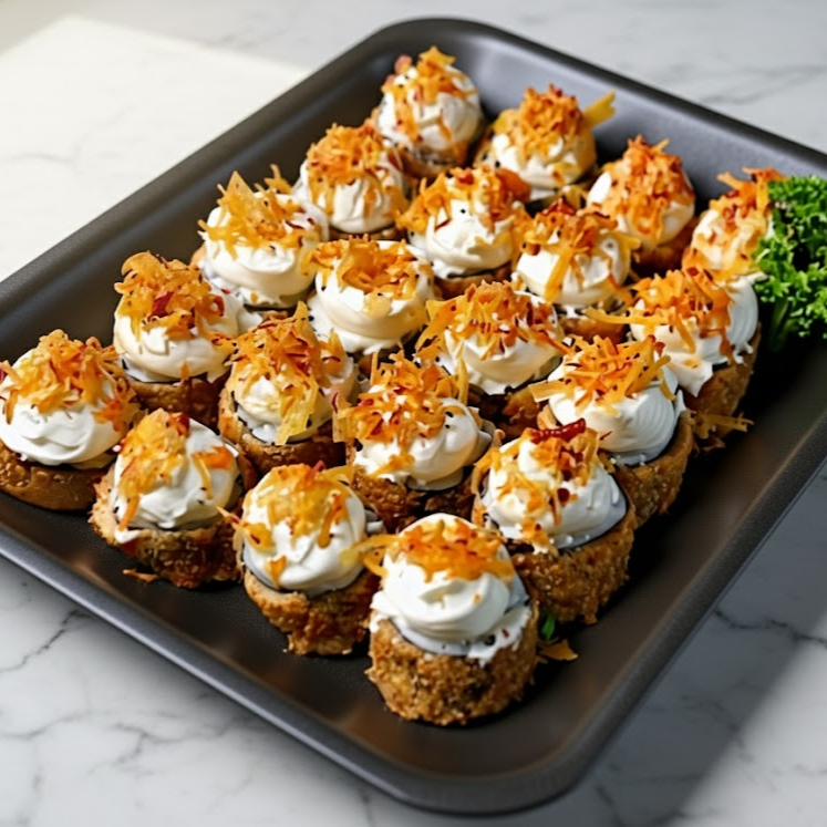 Hot Skin Filadéfia empanado na farinha panko super crocante, coberto de cream cheese e alho poró.