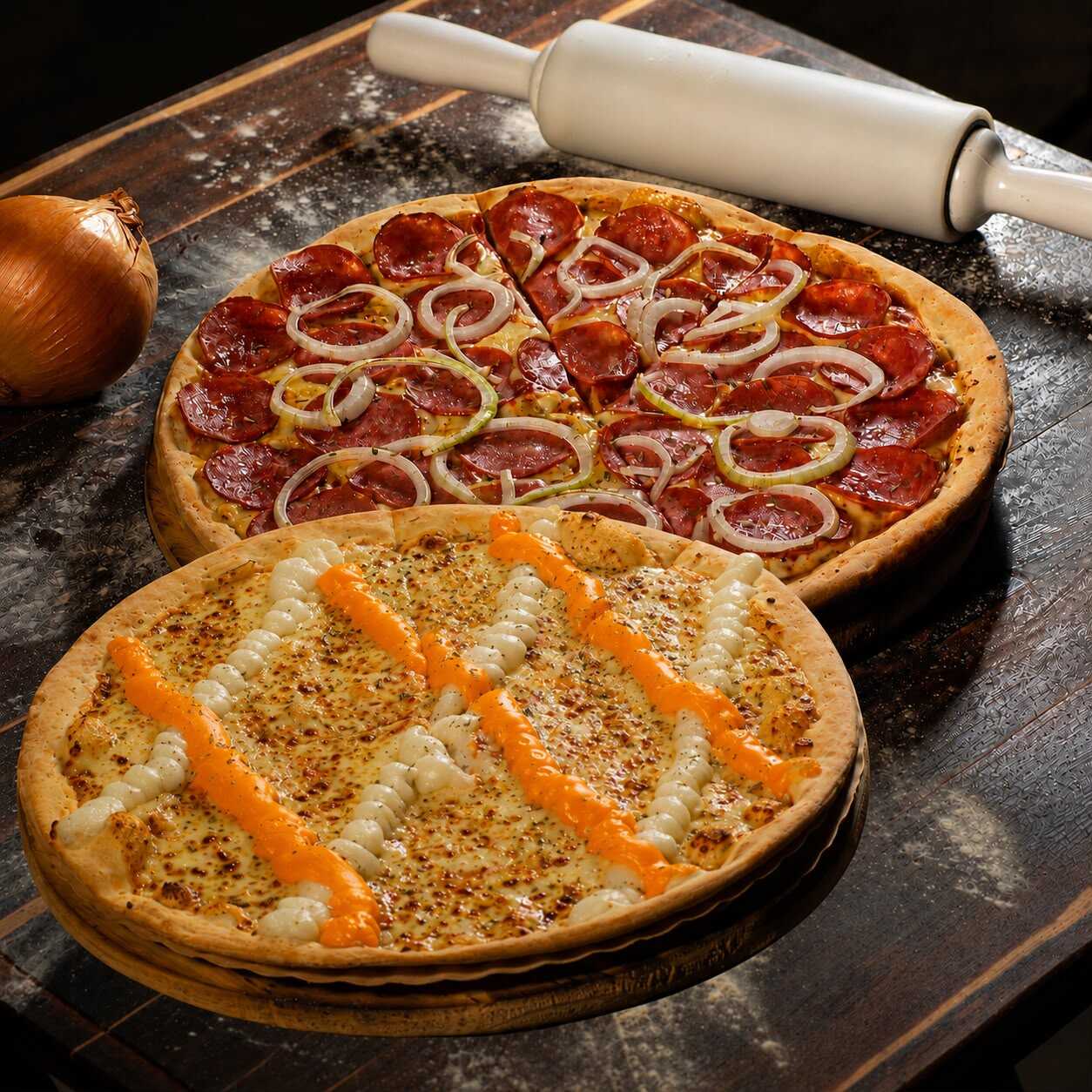 ( 1 PIZZA GRANDE DE CALABRESA E 1 PIZZA GRANDE DE 3 QUEIJOS)