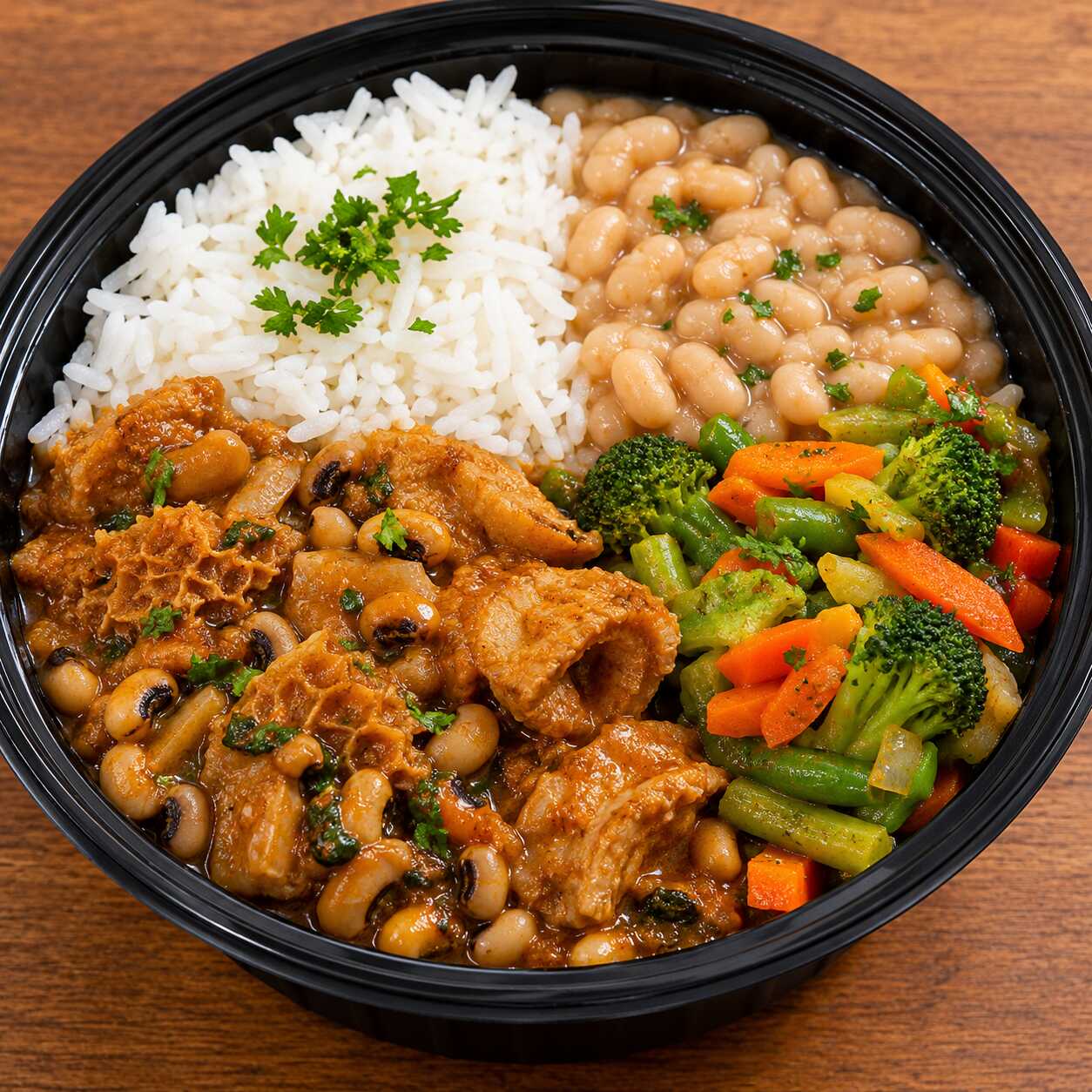 Marmita M com arroz bco, feijao branco, legumes do dia e dobradinha