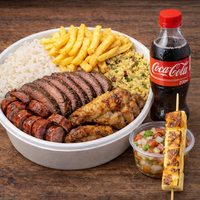 Churrasco completo + queijo coalho + coca cola pet , acompanha arroz, carne de alcatra fatiada, linguiça suína,1 coxinha da asa, farofa, batata frita e vinagrete
