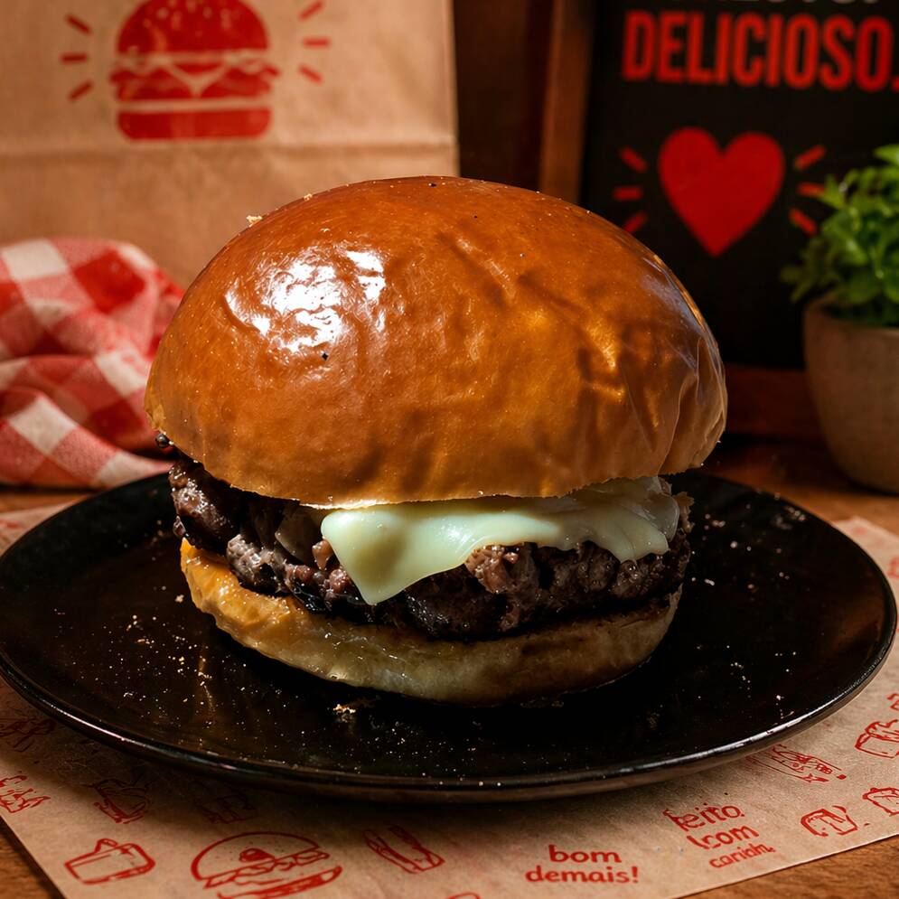 Carne aproximadamente 150g + queijo .
acompanha Maionese + Ketchup