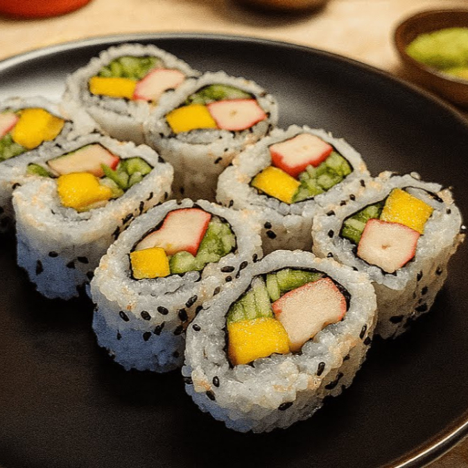 Makimono com recheio de pepino, manga e kani