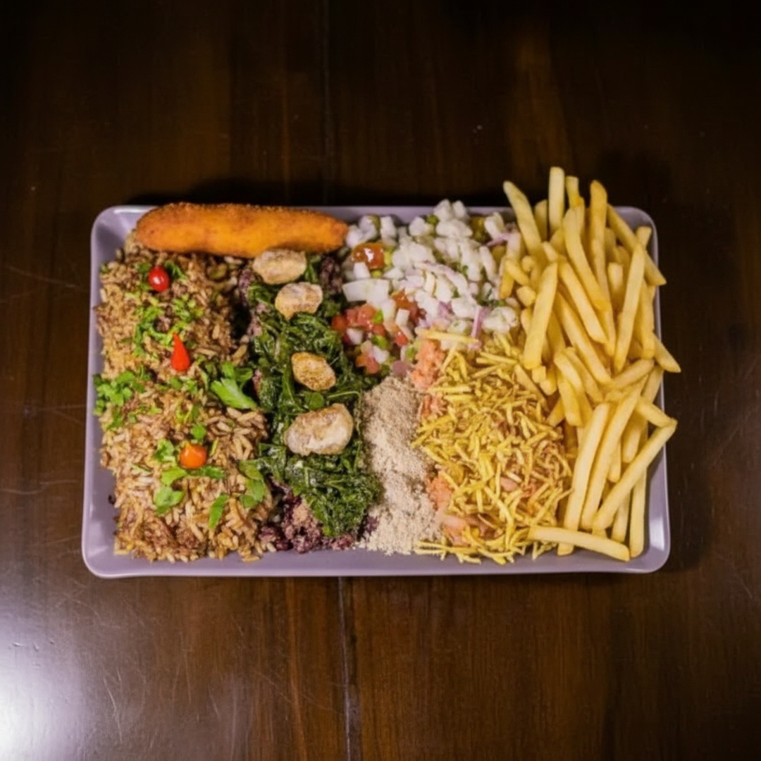 Nosso delicioso arroz de costela, feijão tropeiro, salpicão, macarronese, batata frita, farofa, molho à campanha e banana à milanesa acompanhado de 2 espetos á sua escolha. Sabor irresistível.