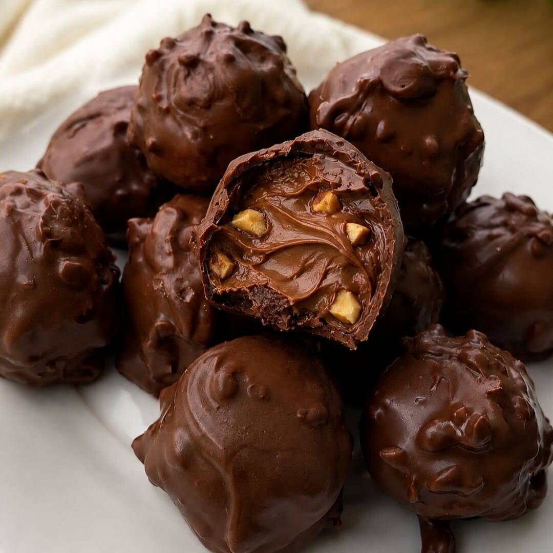 Bombom com nutella creme de chocolate meio amargo e amendoim. Esse bombom é maravilhoso.