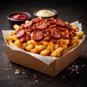 tamanho G - batata frita com bacon, calabresa e cheddar (aproximademente 500g)
