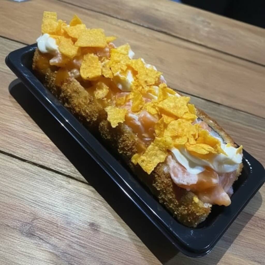 Alga, arroz japonês empanado na farinha panko e frito. Recheio: salmão em cubos. Por cima: cream cheese, geleia de pimenta doce e Doritos --- Acompanha: 2 sachês de shoyu e 2 sachês de tarê.