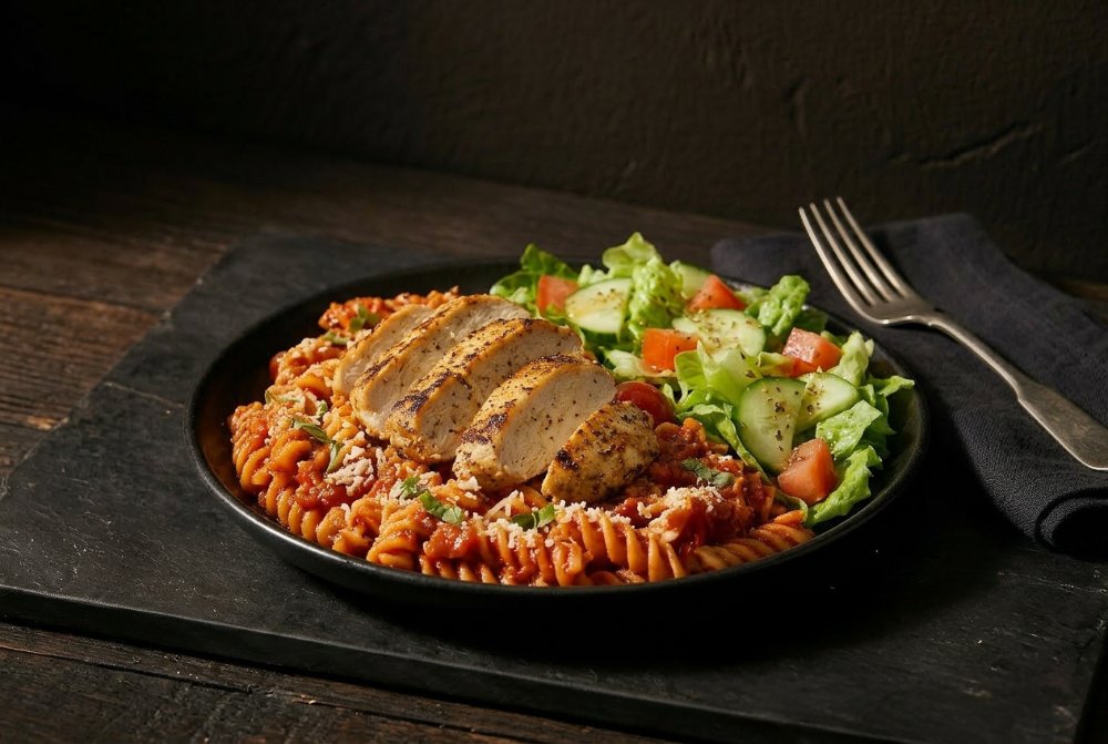 Pollo pesto +fusilli +ensalada