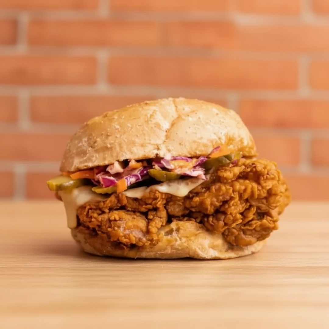 Sanduíche de sobrecoxa de frango, marinado e empanado com molho especial, picles e salada coslelaw.
