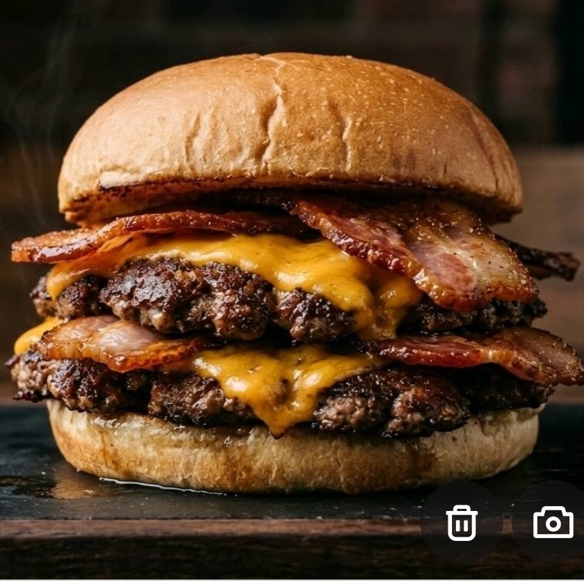 Pão Brioche, 2 Carne smash, bacon, queijo Prato