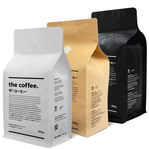 Uma unidade de cada edição de café, com 250g cada. 1 White, 1 Kraft e 1 Black.