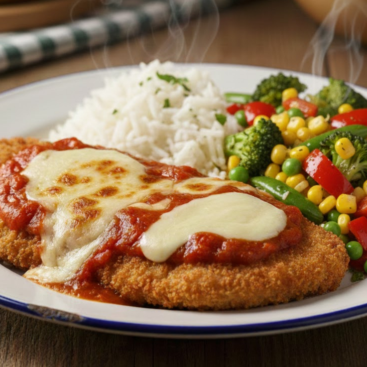 Delicioso filé de bife empanado na massa crocante, coberto com molho de tomates caseiro e queijo derretido, acompanhado de arroz branco soltinho e mix de legumes frescos e bem temperados. Uma refeição equilibrada, saborosa e com o autêntico sabor de comida caseira!